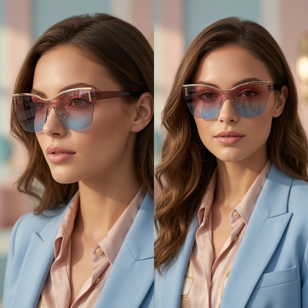 Oversized Shield Sunglasses Pink Blue Gradient Lens Rimless Gold Trim‎ Butterfly